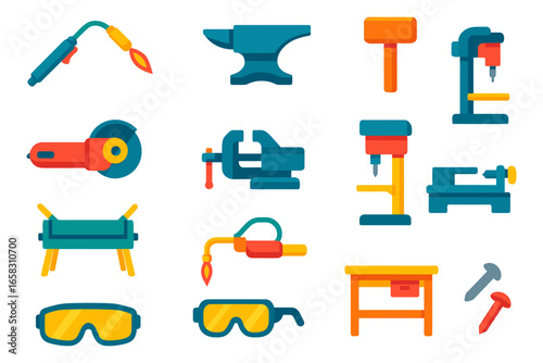 Colorful flat workshop tools set: welding, drilling, sawing, and more