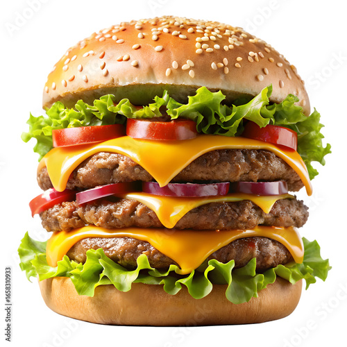 Delicious triple cheese burger with lettuce and tomato isolated on transparent background