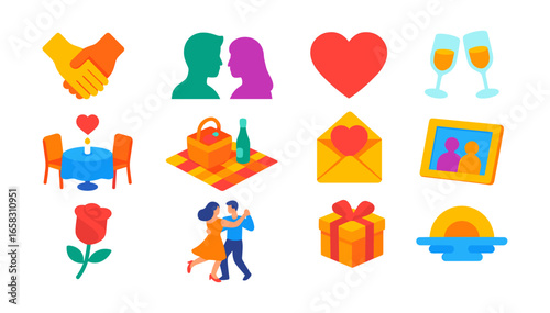 Romantic icons collection: date night essentials and love symbols in flat style
