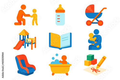 Colorful icons representing parenting and childcare essentials in flat design style