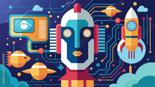 Futuristic cityscape showcasing advanced AI technology with robots and digital interfaces integrated into daily life..eps