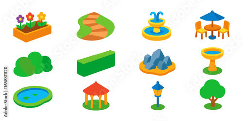 Colorful isometric park elements: trees, paths, and decor for urban landscapes
