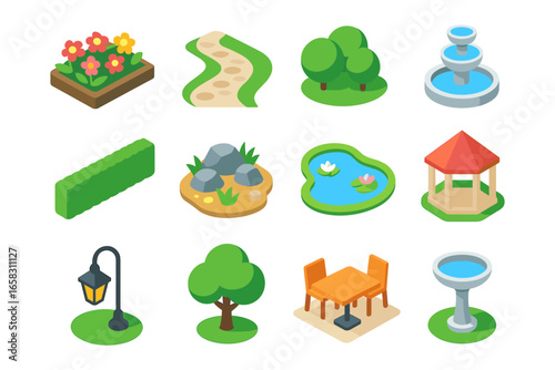 Isometric garden elements with flowers, trees, ponds, and pathways for landscape design