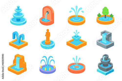 Variety of 3d fountain designs featuring gardens and waterfalls