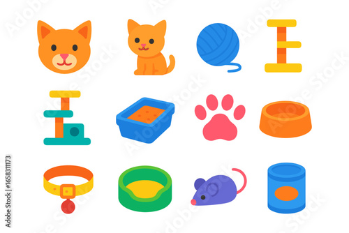 Colorful cat-themed icons featuring toys, accessories, and essentials for pet care