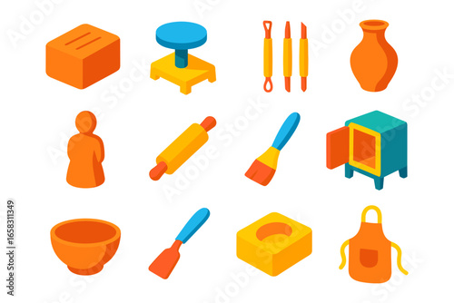 Pottery workshop tools in colorful isometric design for creative crafting enthusiasts