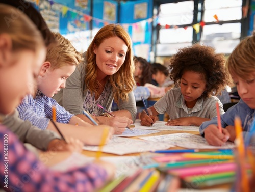 Group of elementary school kids having an art lesson with their teacher