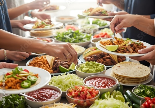 Friends enjoying a vibrant taco bar feast  delicious fillings, fresh toppings, and happy hands.