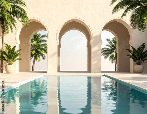 Tranquil pool area with arches