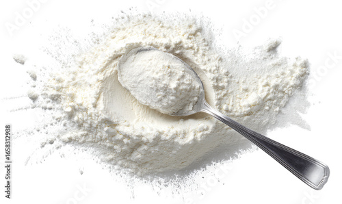 Flour spills around a metal spoon filled with flour