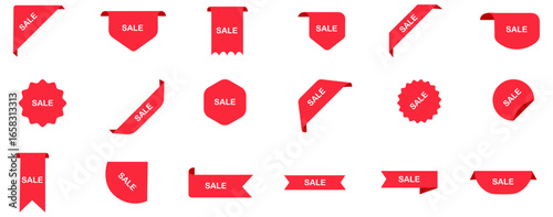 Sale tags collection stickers and label, badge or ribbons isolated on white background. Label tags. Realistic price ribbon tag, red market flags, retail and marketing. Sale tag, price tag, sale ribbon