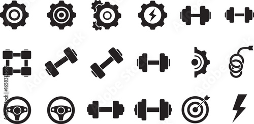 Gear, dumbbell, steering wheel, target, lightning bolt icons, black vector set, grid layout, fitness, mechanics, energy, UI design