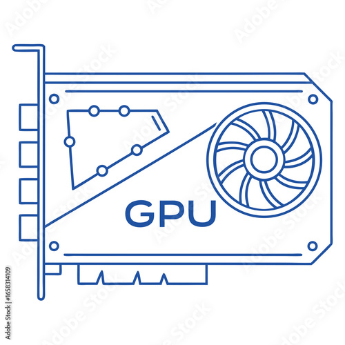 Minimalist blue outline vector icon of a GPU card with “GPU” label