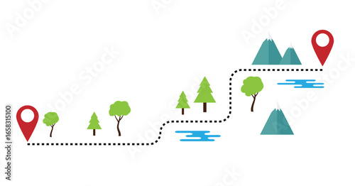 Abstract Hiking Route Trail with Location Markers Forest and Lake. Traveling to nature and outdoor places vector art, sports and active lifestyle