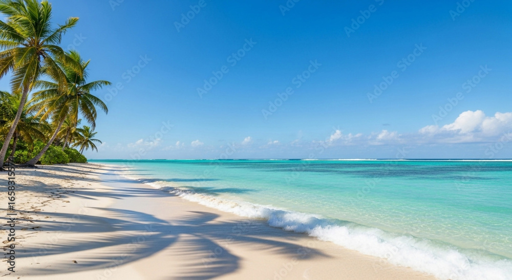 Obraz premium Tropical beach paradise with palm trees, white sand, and turquoise ocean under a clear blue sky view