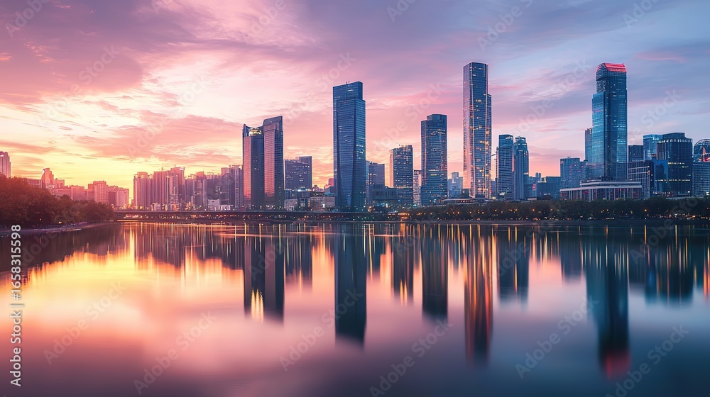 Obraz premium Golden Hour City Skyline with River Reflections: Modern Metropolis Sunset for Commercial Travel and Tourism Stock