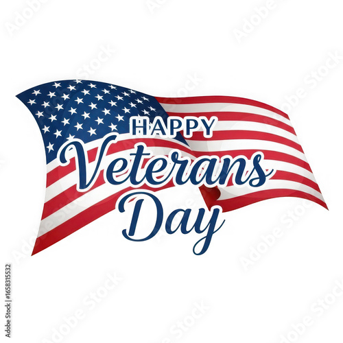 Happy veterans day waving american flag with patriotic text isolated on transparent background