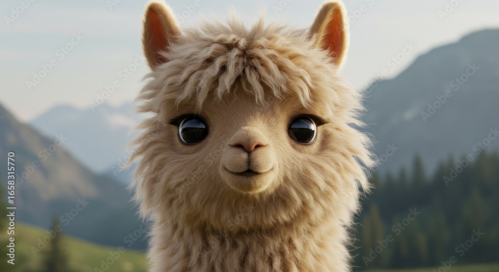Naklejka premium Close-up of a fluffy, light beige alpaca with large, dark eyes, a sweet expression, and slightly disheveled fur, set against a blurred backdrop of verdant hills and mountains under a soft, bright sky