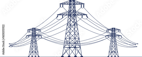 High-voltage transmission towers, power pylons, electricity grid, energy infrastructure, overhead lines, vector drawing, electric system, distribution, engineering, utility
