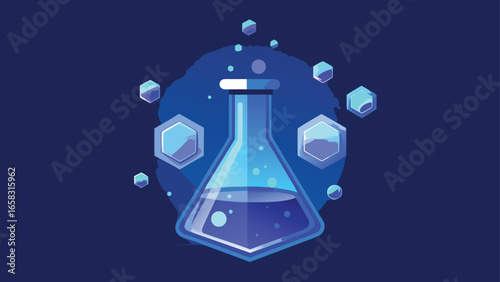 A laboratory flask with chemical symbols and equations, illustrating key concepts in chemistry..eps