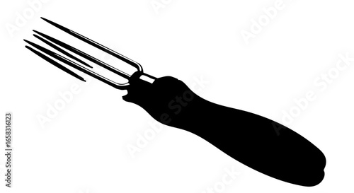 A close-up of a black handled garden fork on white background. 