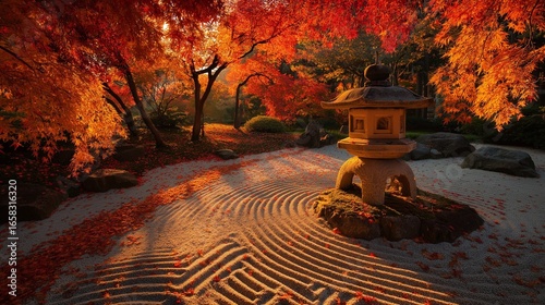 見事な紅葉と石灯篭、美しい日本の秋の庭園