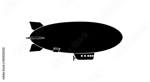 A monochrome graphic of a blimp against an empty canvas.