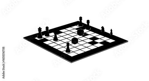 A monochrome chess board with chess pieces, ready for a strategic game.