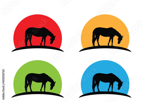Horse Grazing in the Sunset Silhouette Different Colors. Domestic animals and wildlife nature vector art