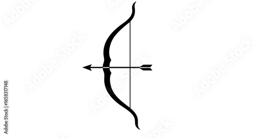 Simple illustration of a bow and arrow in black and white.