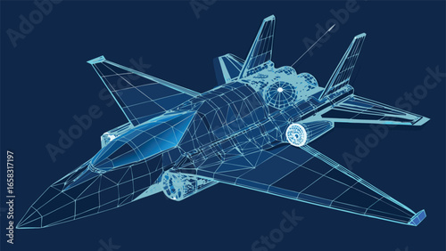 A fighter jet depicted as a wireframe model, highlighting its geometric shape and aerodynamic features..eps