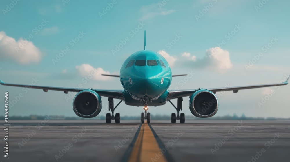 Naklejka premium Modern Aircraft on Runway with Blue Sky and White Clouds Background