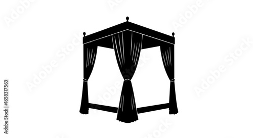 An elegant four-poster bed in silhouette.