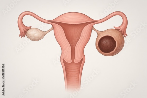 Frontal pelvic view showing uterus and both ovaries, one ovary enlarged with dense-walled endometriotic cyst containing dark contents. Other pelvic structures schematic.
