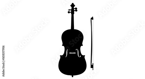 The elegant silhouette of a cello and its bow against a clean background.