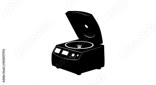 Centrifuge in silhouette with open lid in laboratory setting.