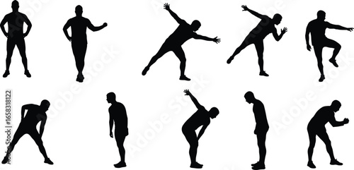Human silhouette poses, standing, walking, stretching, bending, dynamic body movements, posture reference vector art, gesture study, lifestyle, motion