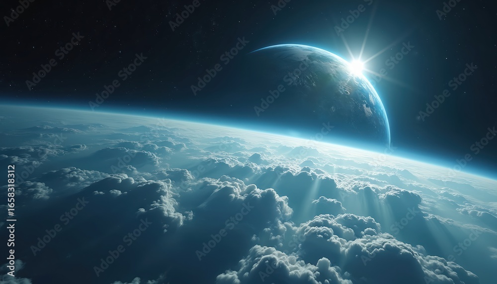 Obraz premium View from spaceship window showing blue planet Earth with cloud-filled atmosphere and sunbeams breaking through. Orbital perspective with starry night sky and glowing atmospheric layer.