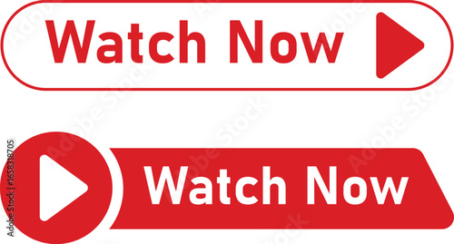 Vector set of 'Watch Now' buttons with play icons in red, isolated on a white background.