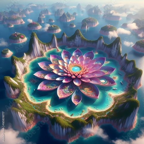 A single giant lotus island floating in mid-ocean