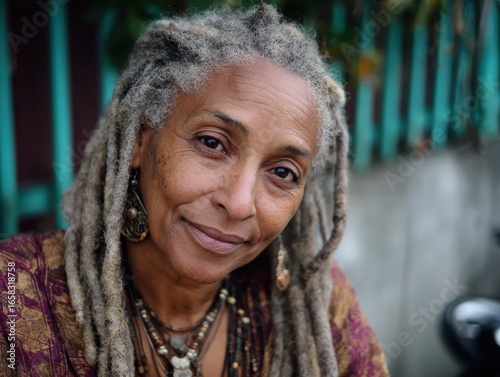 Portrait of a mature woman with dreadlocks looking at the camera with a smile