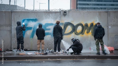 Street artists painting freedom graffiti on concrete wall