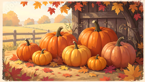 Wallpaper Mural Orange pumpkins among yellow leaves in the garden. Torontodigital.ca