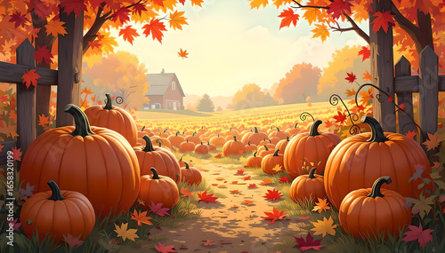 Wallpaper Mural Village landscape with a large harvest of pumpkins. Cozy autumn illustration. Torontodigital.ca