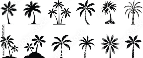 Tropical silhouettes of palm trees against a summer sunset on a beach