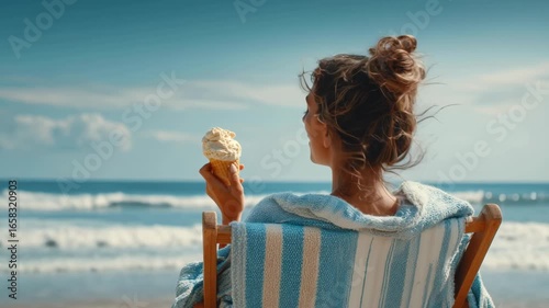 Woman sitting on beach chair eating ice cream watching ocean waves