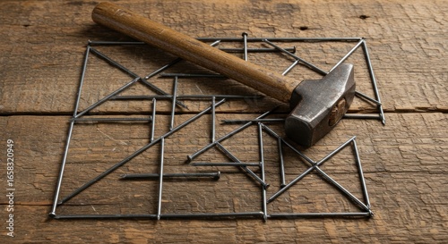 A hammer rests on a haphazard network of metal rods and nails, arranged in geometric shapes, atop a weathered wooden surface