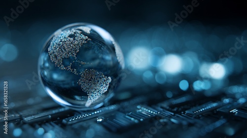 Wallpaper Mural Clear globe with continents on circuit board with bokeh blurred background Torontodigital.ca