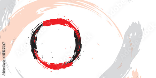 Hand-drawn Zen Ensō circle in red and black with a rough splattered texture.