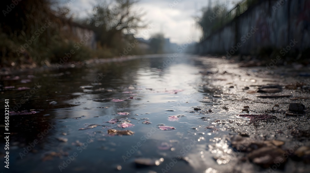 Fototapeta premium Polluted urban canal clogged with household waste